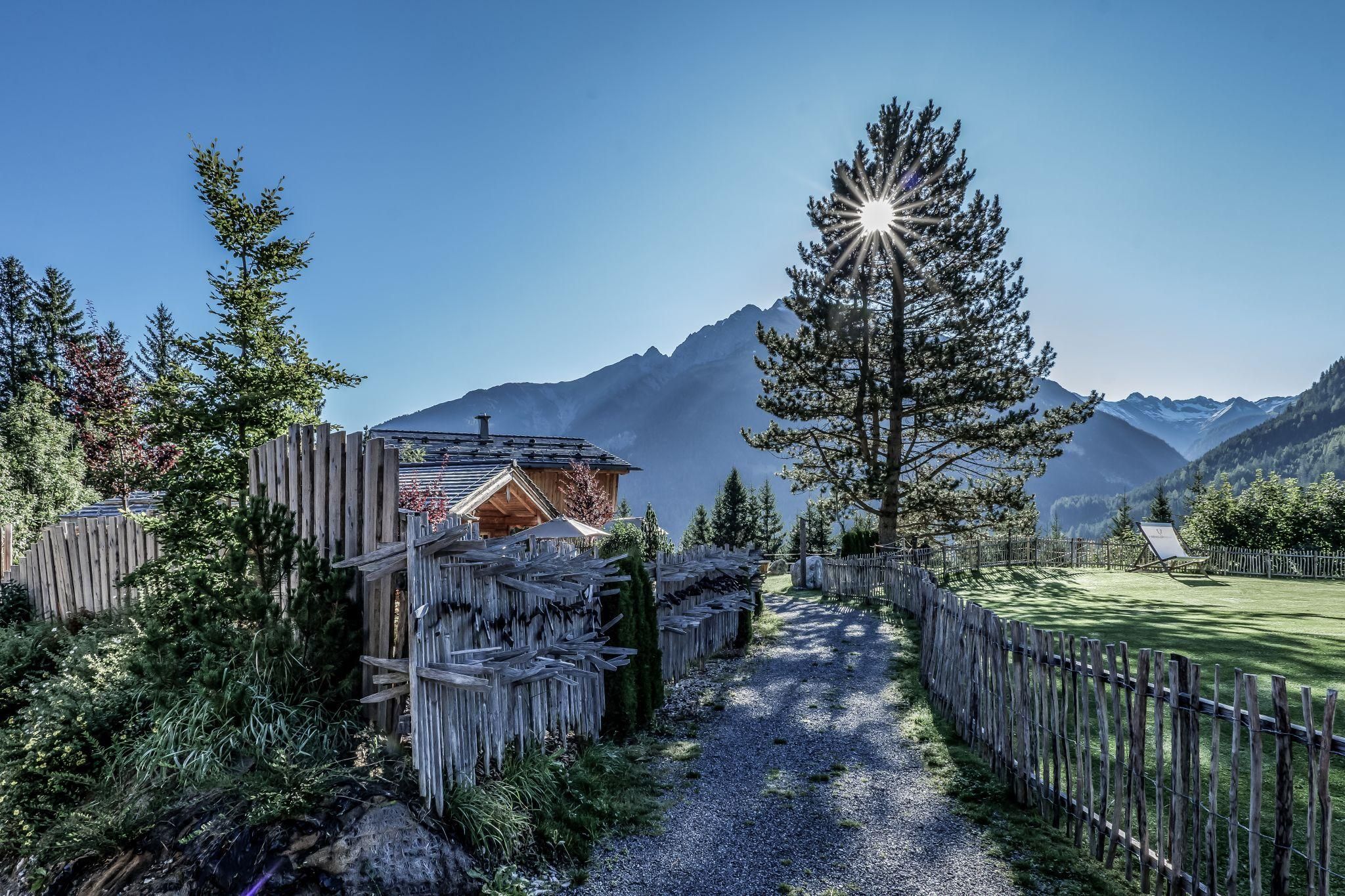 A picturesque path leads through a rural landscape with mountains in the background. The sun shines through the trees, creating a pleasant atmosphere.
