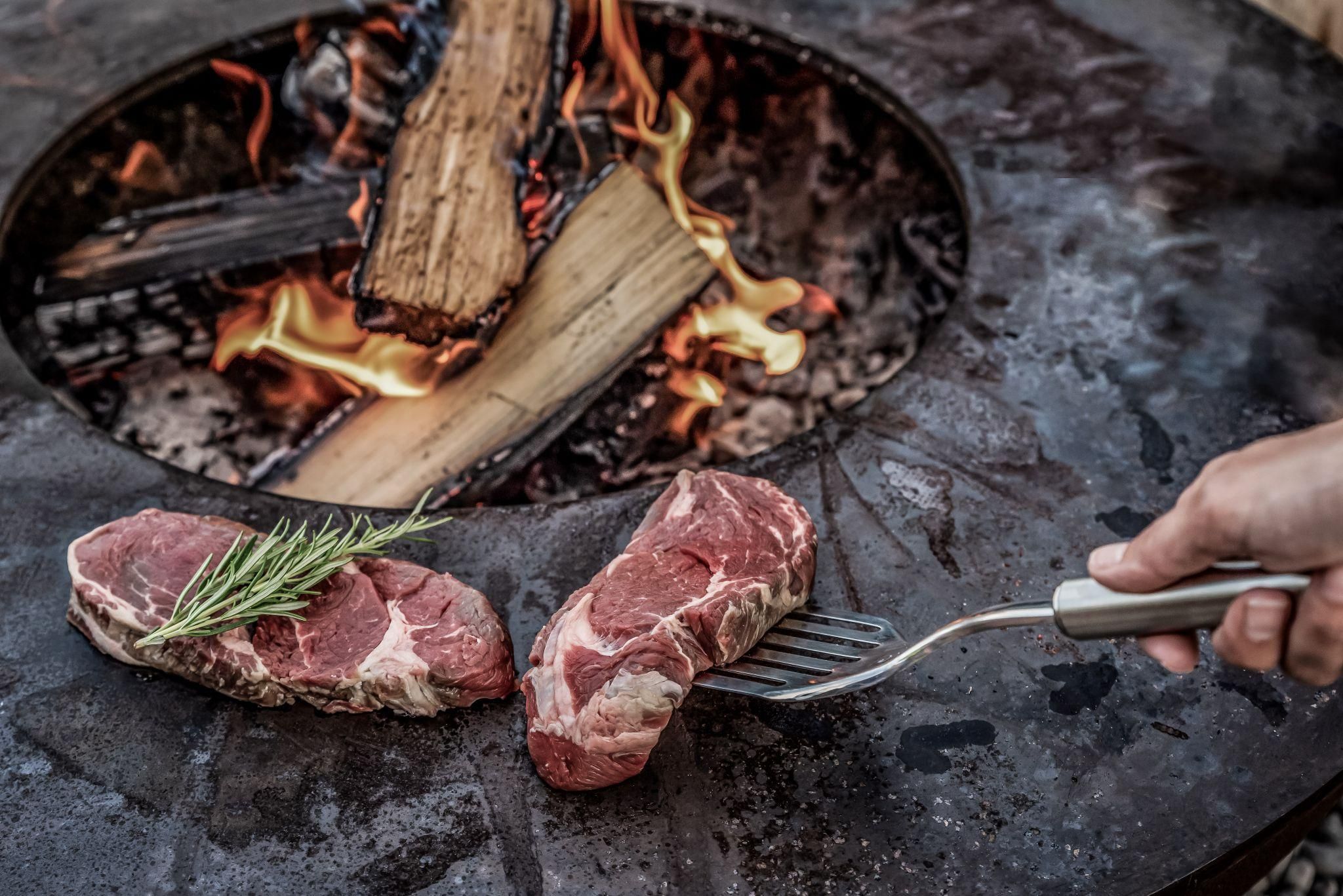 Raw meat lies on a grill as it cooks over an open fire. In the background, firewood is burning, creating a cozy atmosphere.