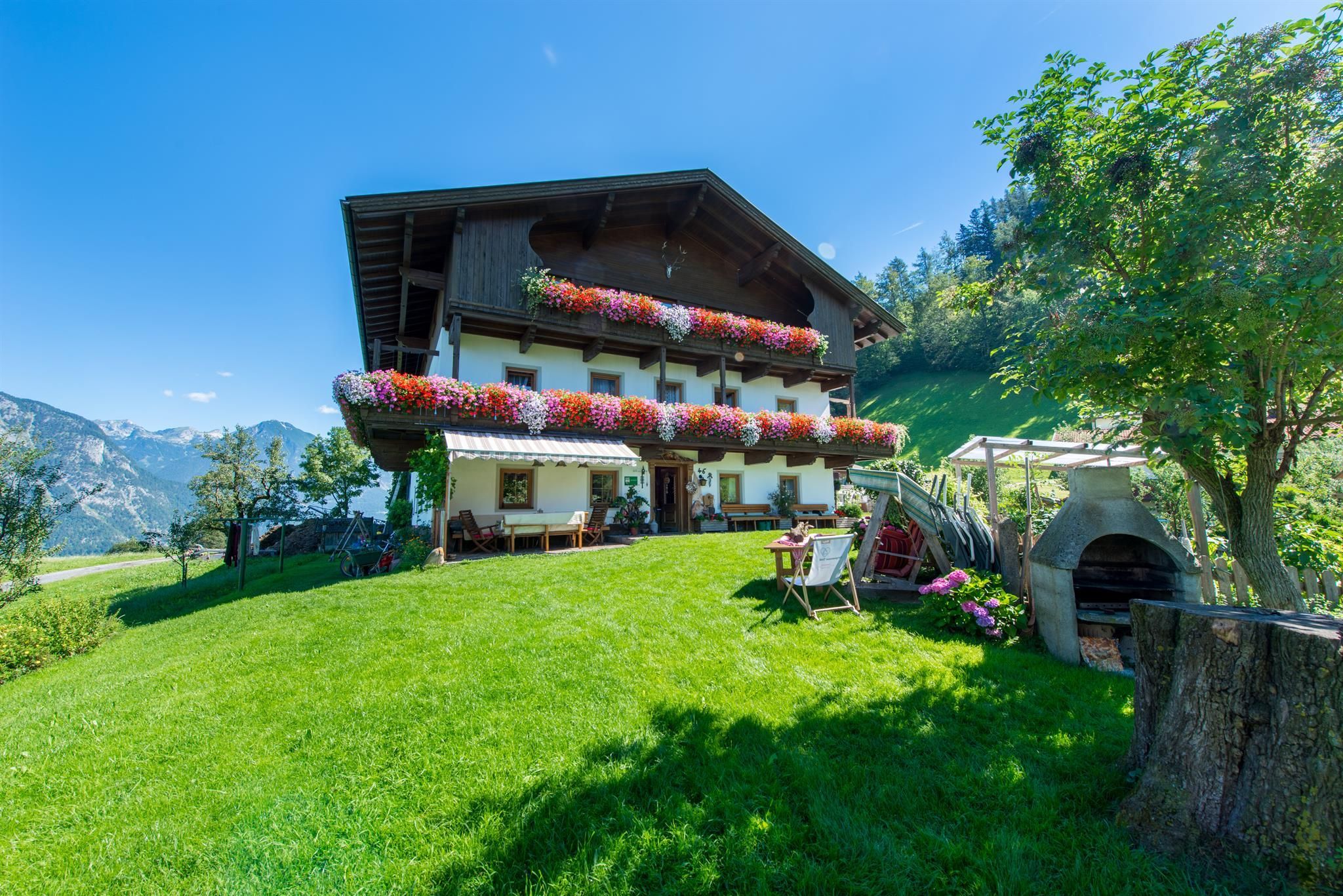 A charming house surrounded by green grass and colorful flowers. In the background, gentle hills and a blue sky can be seen.