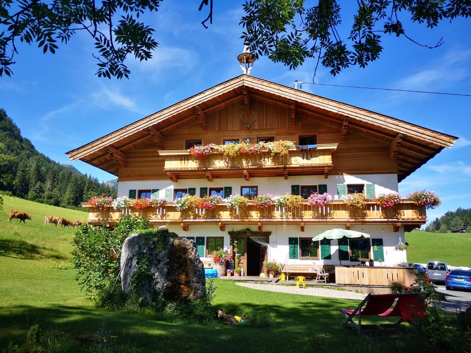 A beautiful alpine house with blooming balconies. In the background, gentle hills and cows can be seen.