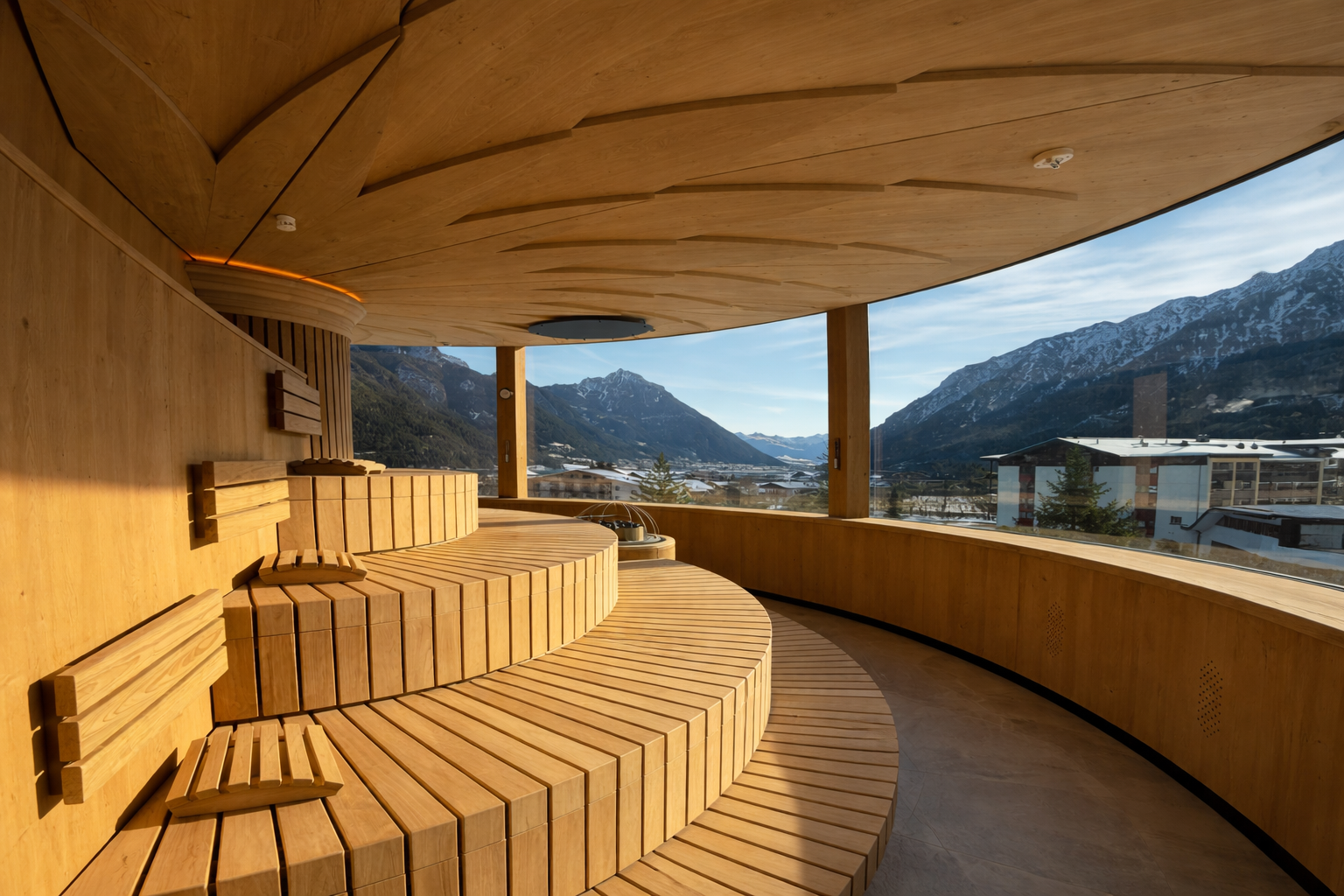 A modern sauna area with a wooden bench and panoramic mountain views. The large windows let in plenty of light and provide a relaxing atmosphere.