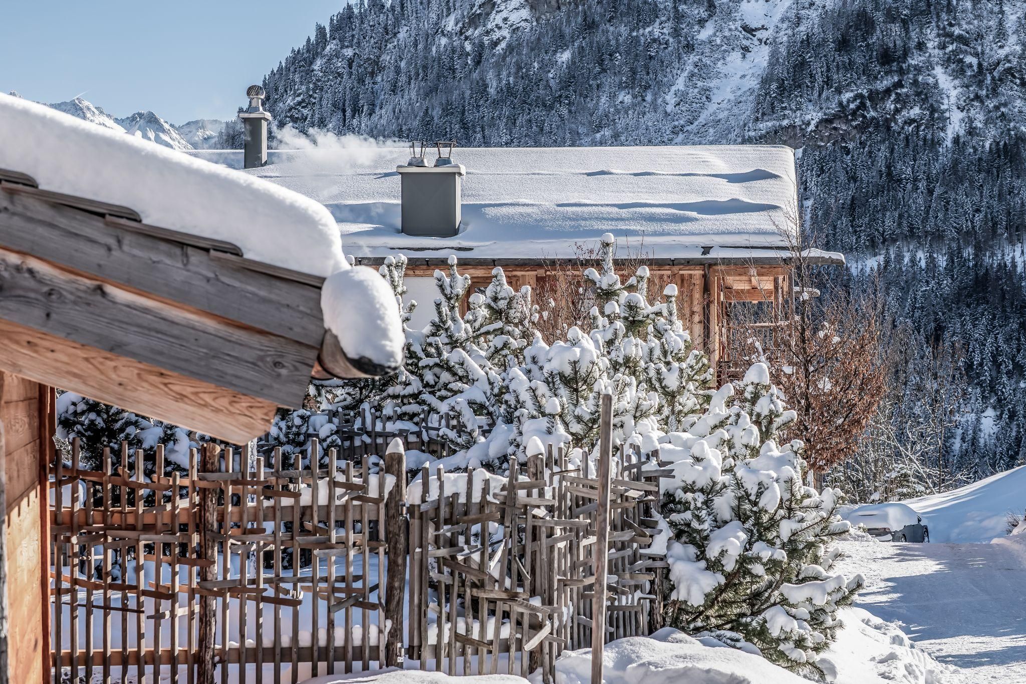 A winter landscape with snow-covered chalets and fir trees. In the background, snow-capped mountains are visible.