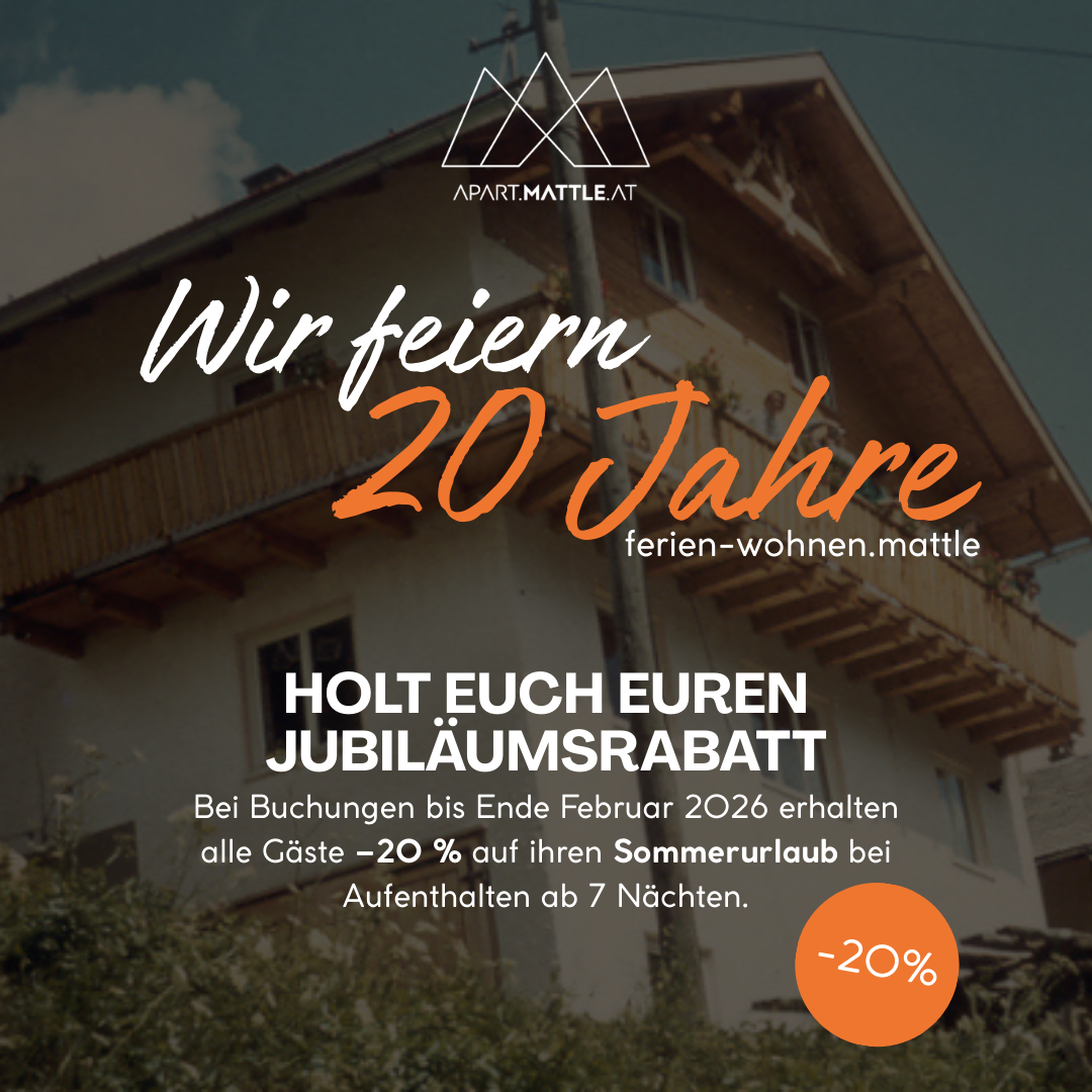 A cozy holiday apartment in alpine style with an inviting balcony. The image celebrates 20 years and offers an anniversary discount of 20% for bookings.
