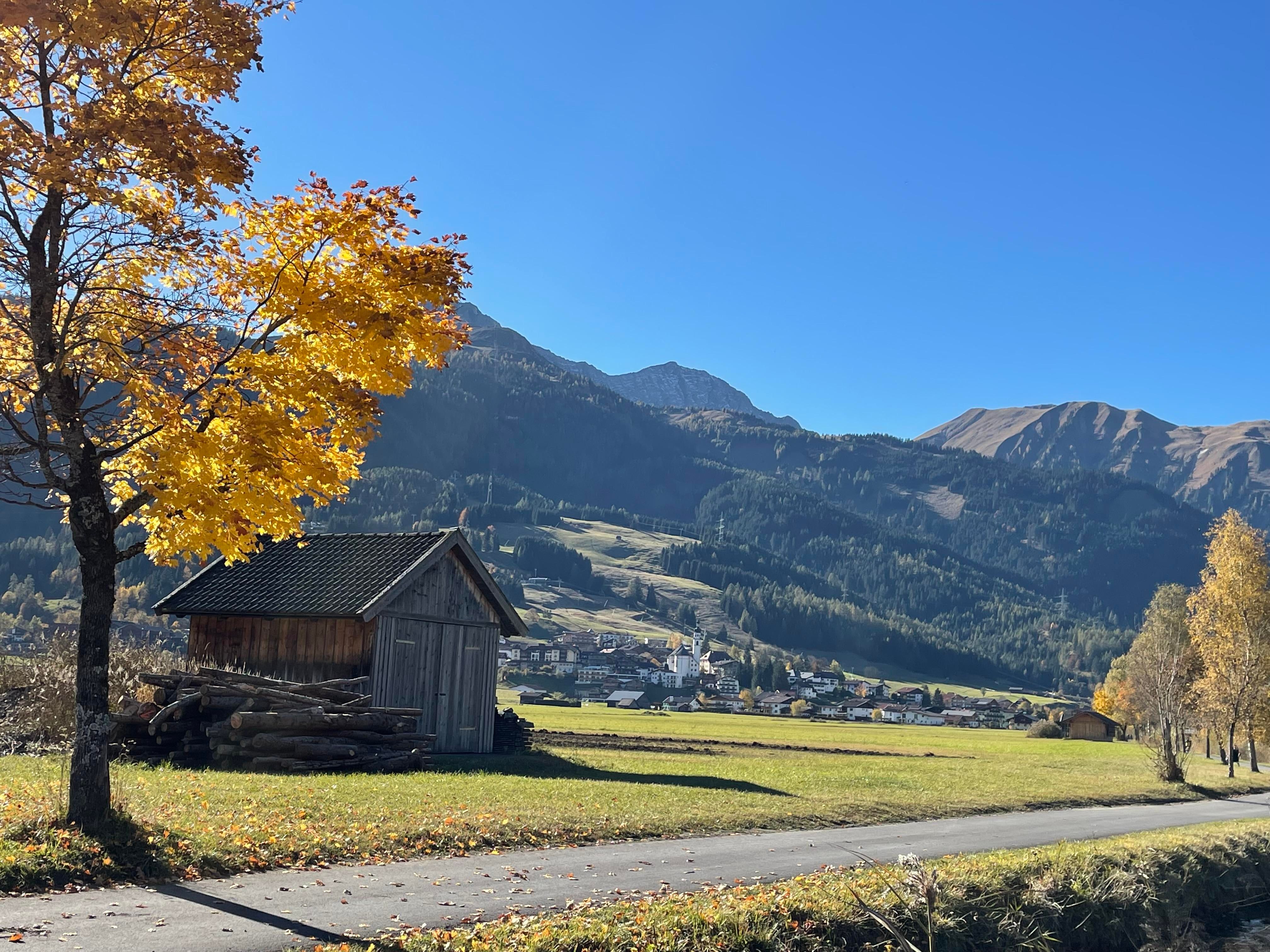 A picturesque landscape with a small wooden house and colorful autumn trees. In the background, the mountains and a clear blue sky can be seen.