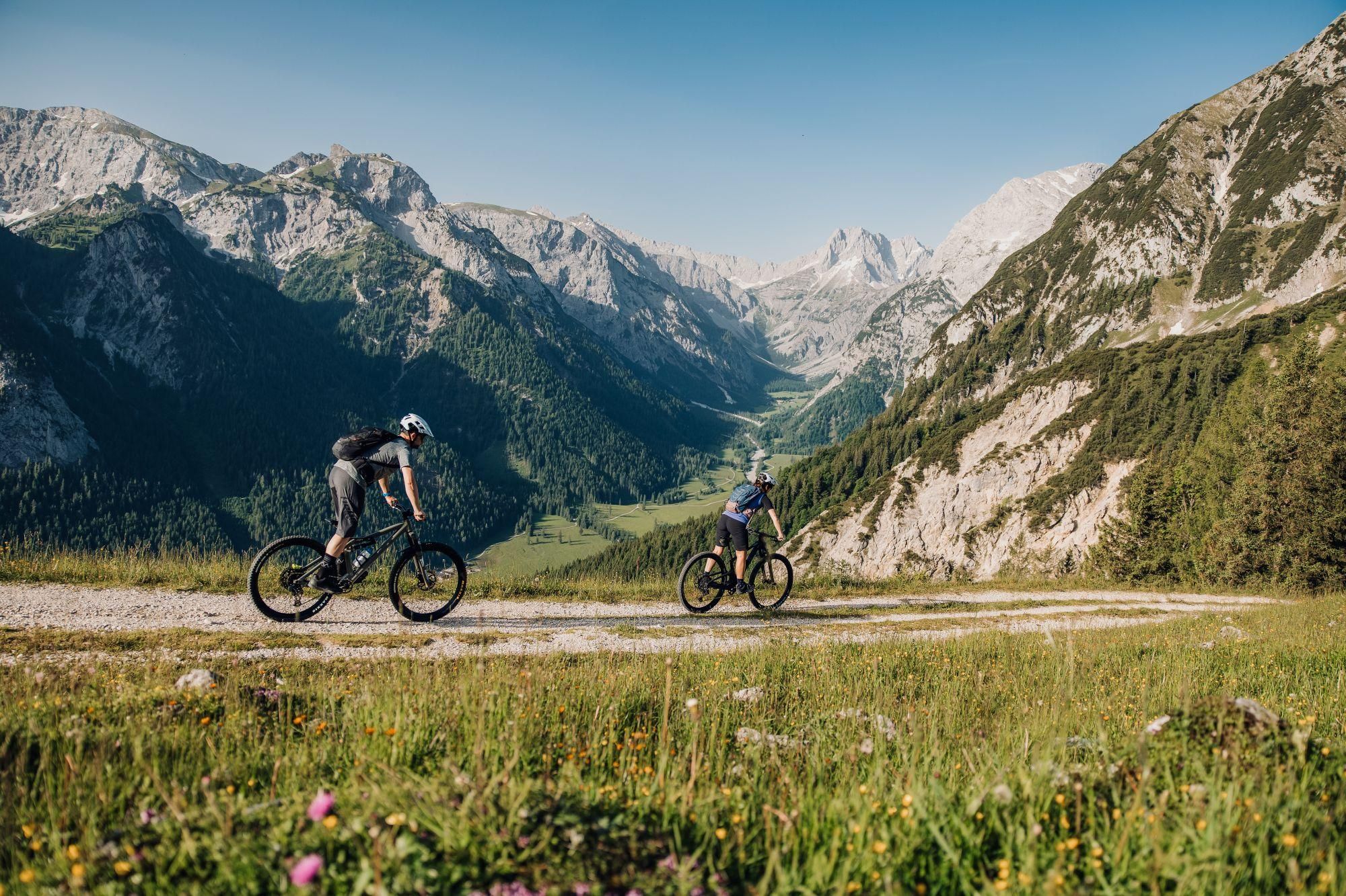 Two cyclists ride on a narrow path through an alpine landscape. In the background, there are tall mountains and a clear sky.