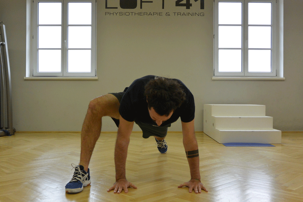 Spyder: Start in a push up position, right foot next to the right hand. Keeping your hand and feet on the ground, push your right elbow under your right thigh. Continue alternating and repeat with the left side. Repeat for a total of 8 spider crawls on each side.