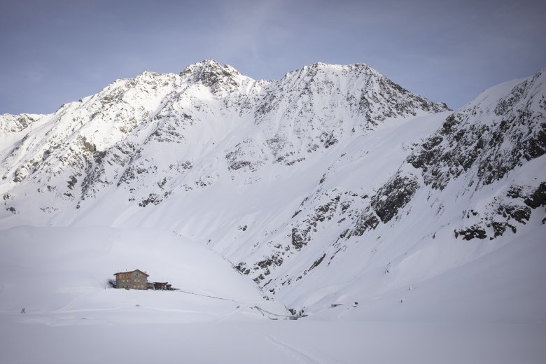 A home in the snow: the Amberger H&uuml;tte in the Stubai Alps.
