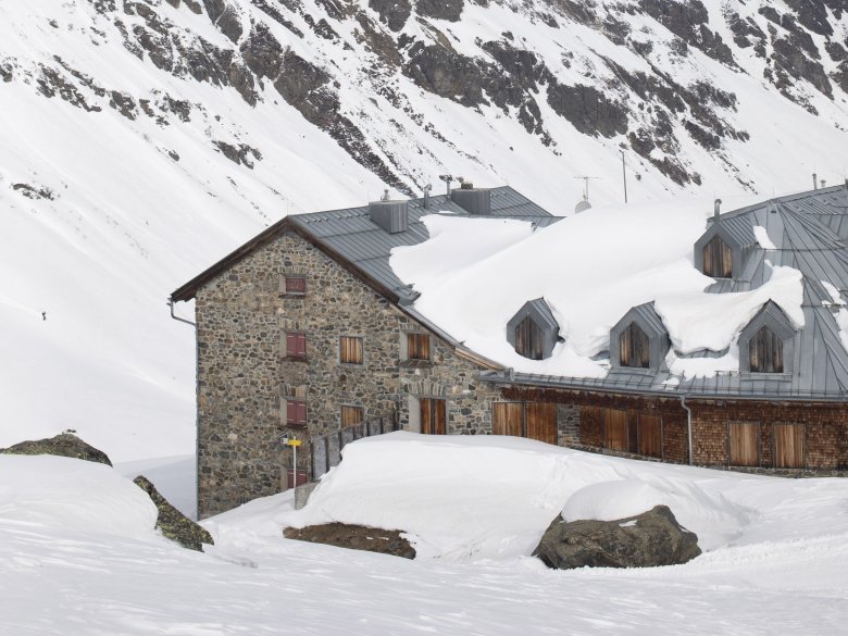 The Jamtalh&uuml;tte in the Silvretta Mountains.
