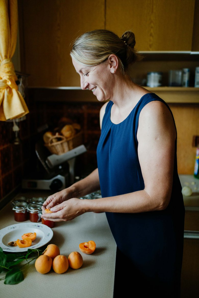 Verena stewing the apricots from the tree just outside the kitchen window.