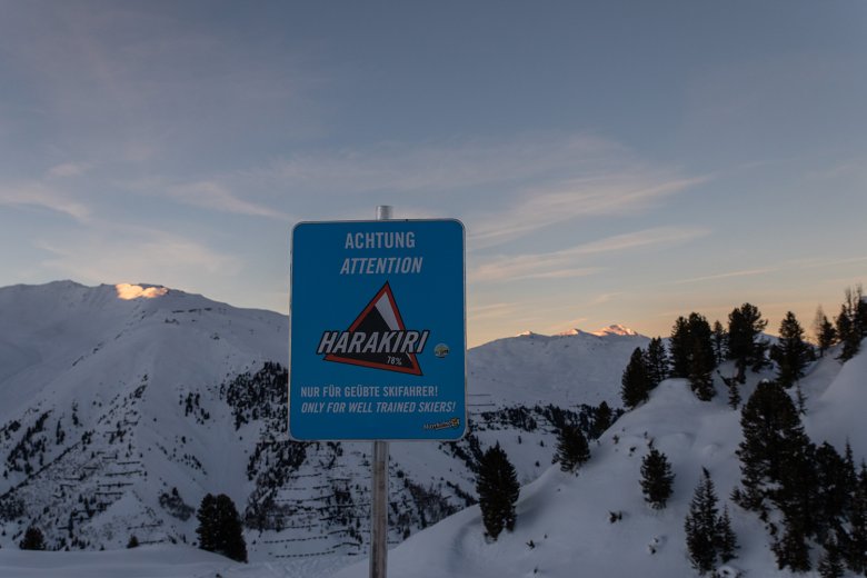 The double black Harakiri Trail rakes in hard-core honours for being Austria’s steepest downhill run. “Only for well trained skiers,” says the sign at the top.