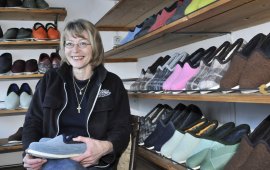 Frau Naschberger from Reith im Alpbachtal with a pair of her homemade &quot;Doggln&quot; slippers.