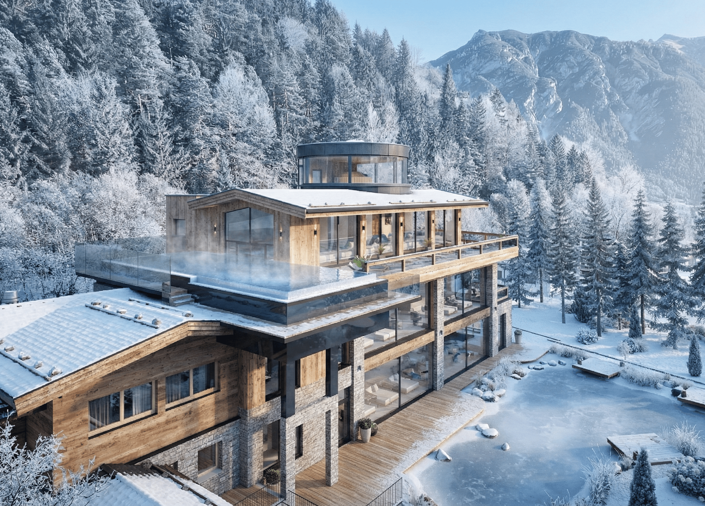A modern wooden house surrounded by a snowy landscape. Enclosed by evergreen trees and mountains, it offers a breathtaking view.