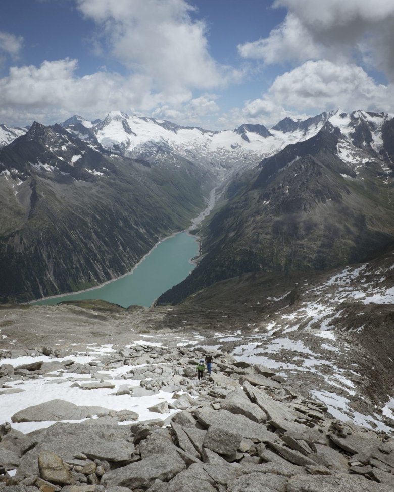 The Schlegeis reservoir is a constant companion on our way to the summit of the Olperer.
