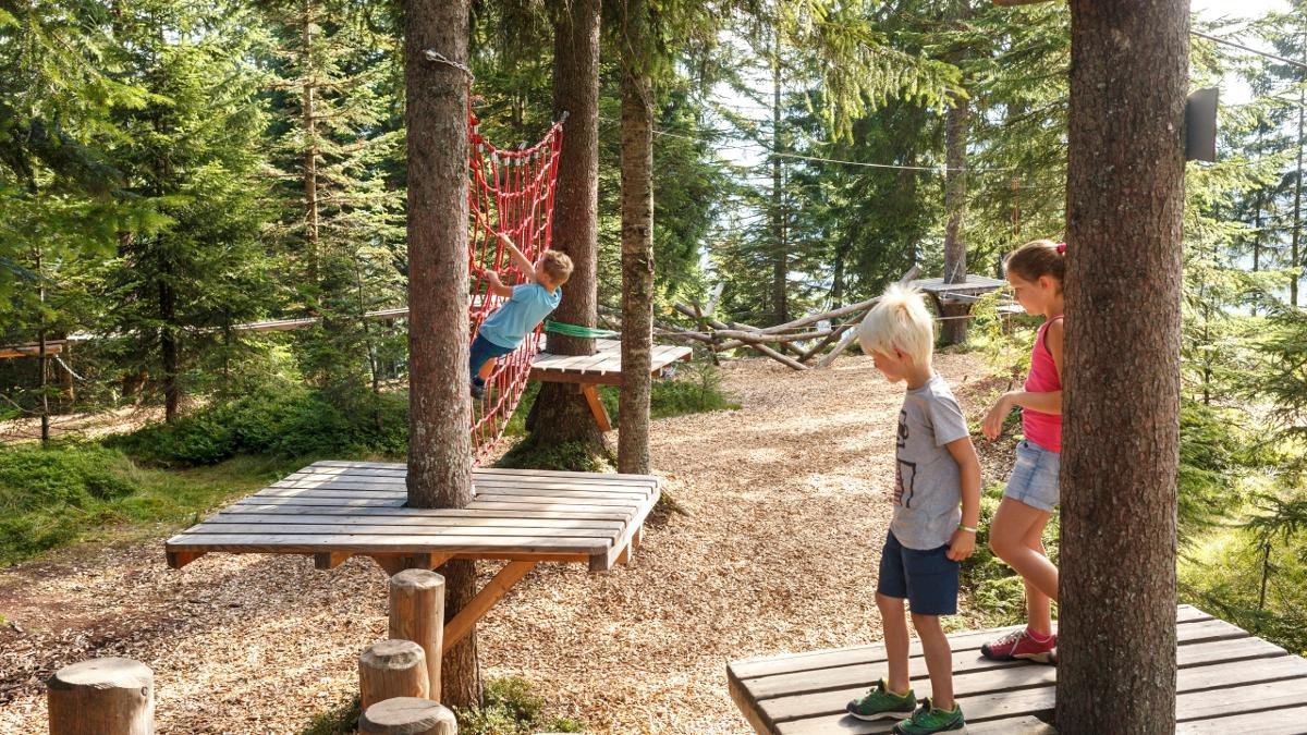 With its 19 stations spread across the forest, from the Flying Snowboard to the Shaky Beam, Timoks Seilgarten in Fieberbrunn is a great place for visitors of all ages to practise their balance and dexterity., © Tirol Werbung/Pupeter Robert