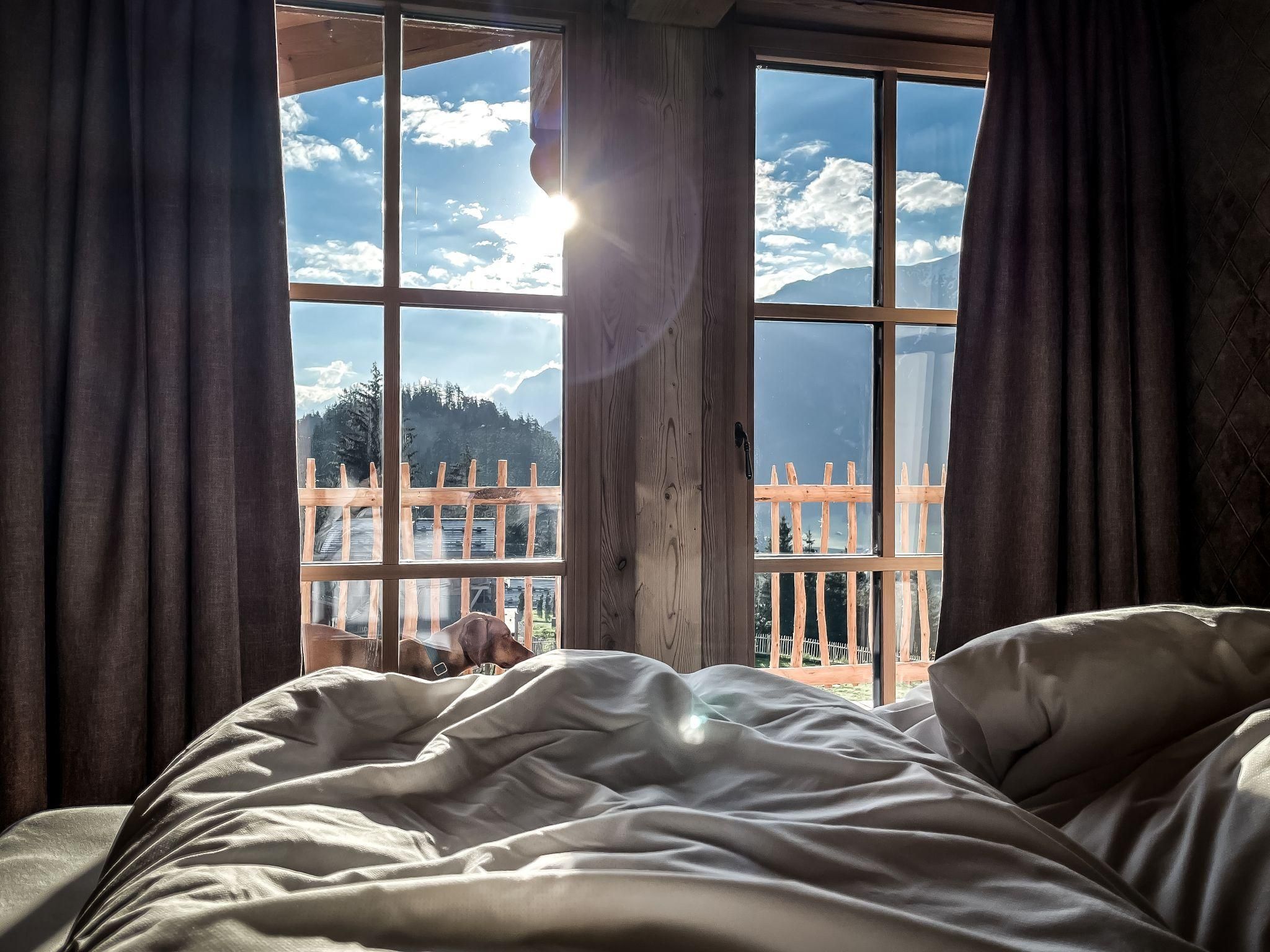 A cozy bed with white bed sheets and radiant sunlight streaming through the window. Outside, mountains and a blue sky are visible.