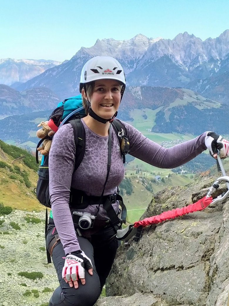 Petra Astner on the via ferrata climbing route leading up onto the Henne mountain.