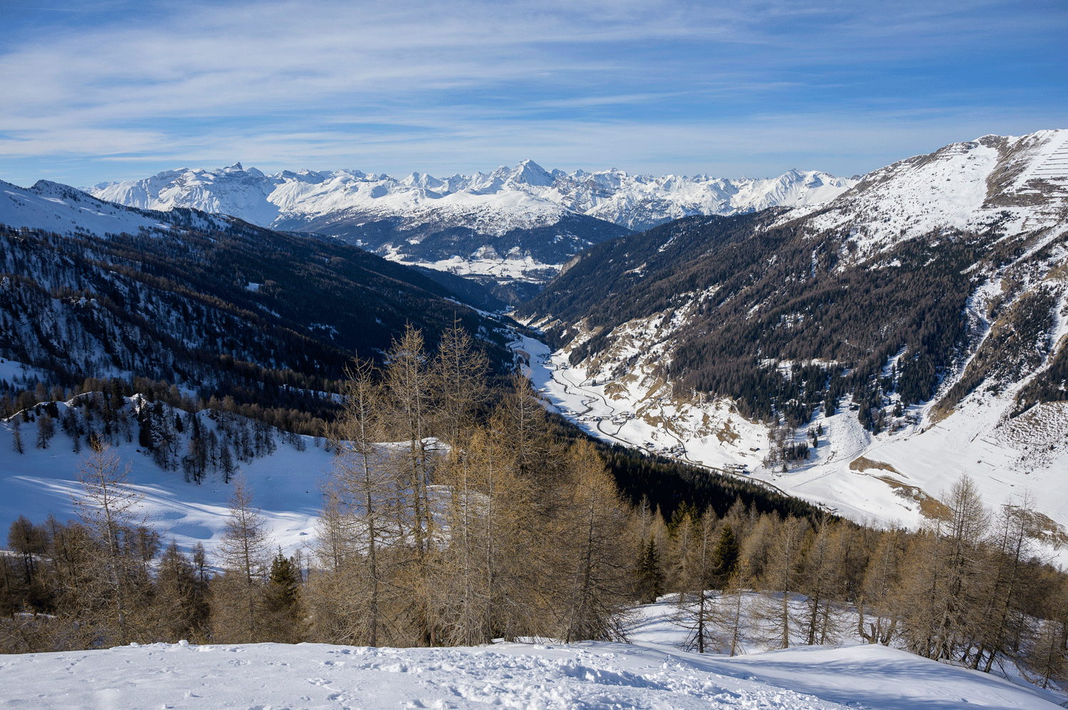 View over Schmirntal Valley and the Stubai Alps from the top of Rauher Kopf Peak.