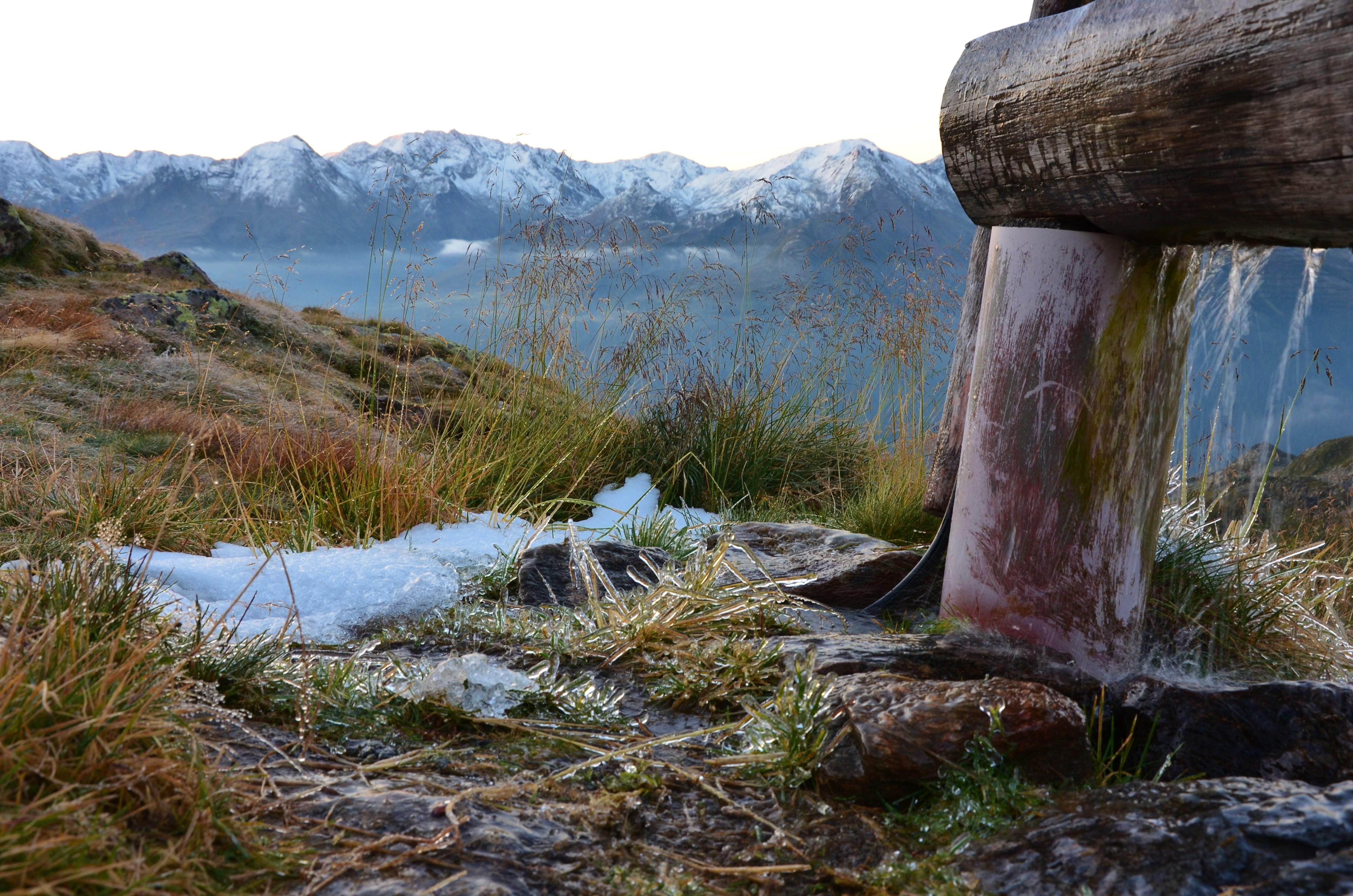 An alpine landscape with snow-capped mountains in the background. In the foreground, green grasses and a wooden post are visible.
