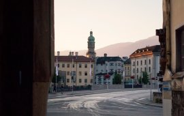 View from the H&ouml;ttinger Gasse road looking towards the medieval city centre of Innsbruck.