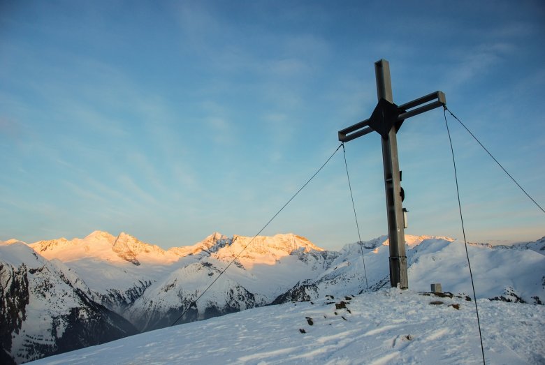 At sunset, the Alpenglow had the two Zillertal peaks aflame with orange light.
