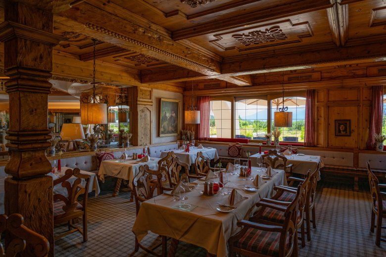 The Tiroler Stube dining room at the Interalpen-Hotel Tyrol., © Marc Nouss