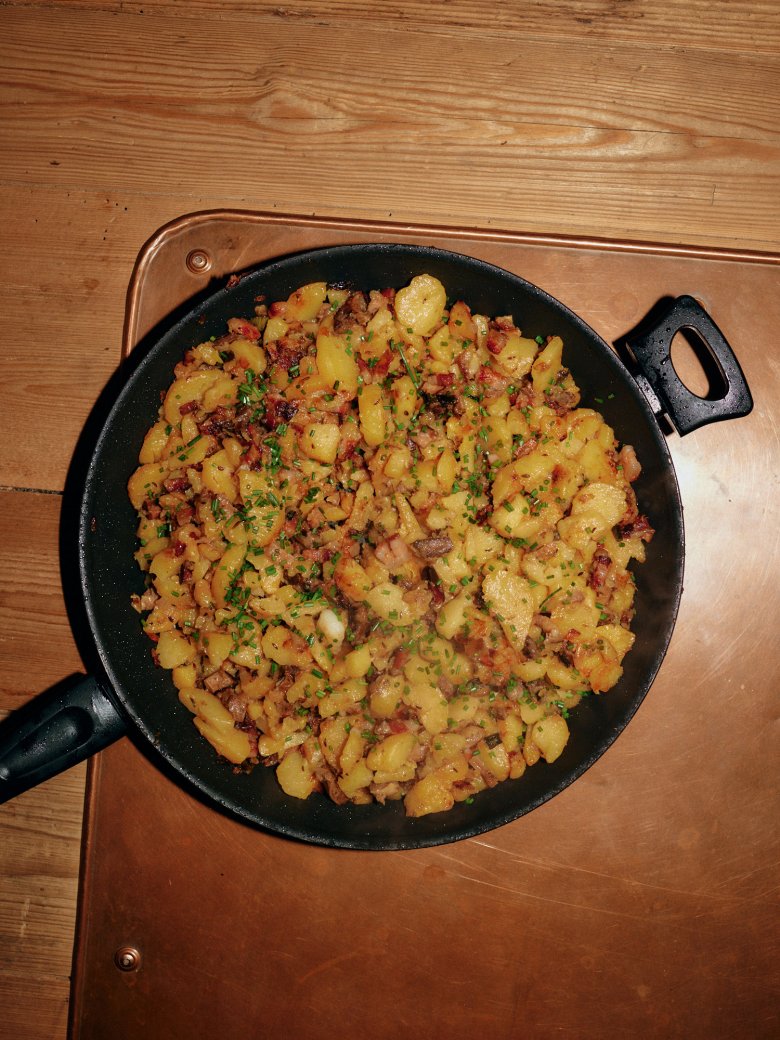 Tiroler Gr&ouml;stl, often served with a fried egg on top, is a classic dish which started life as a way of using up leftover food.