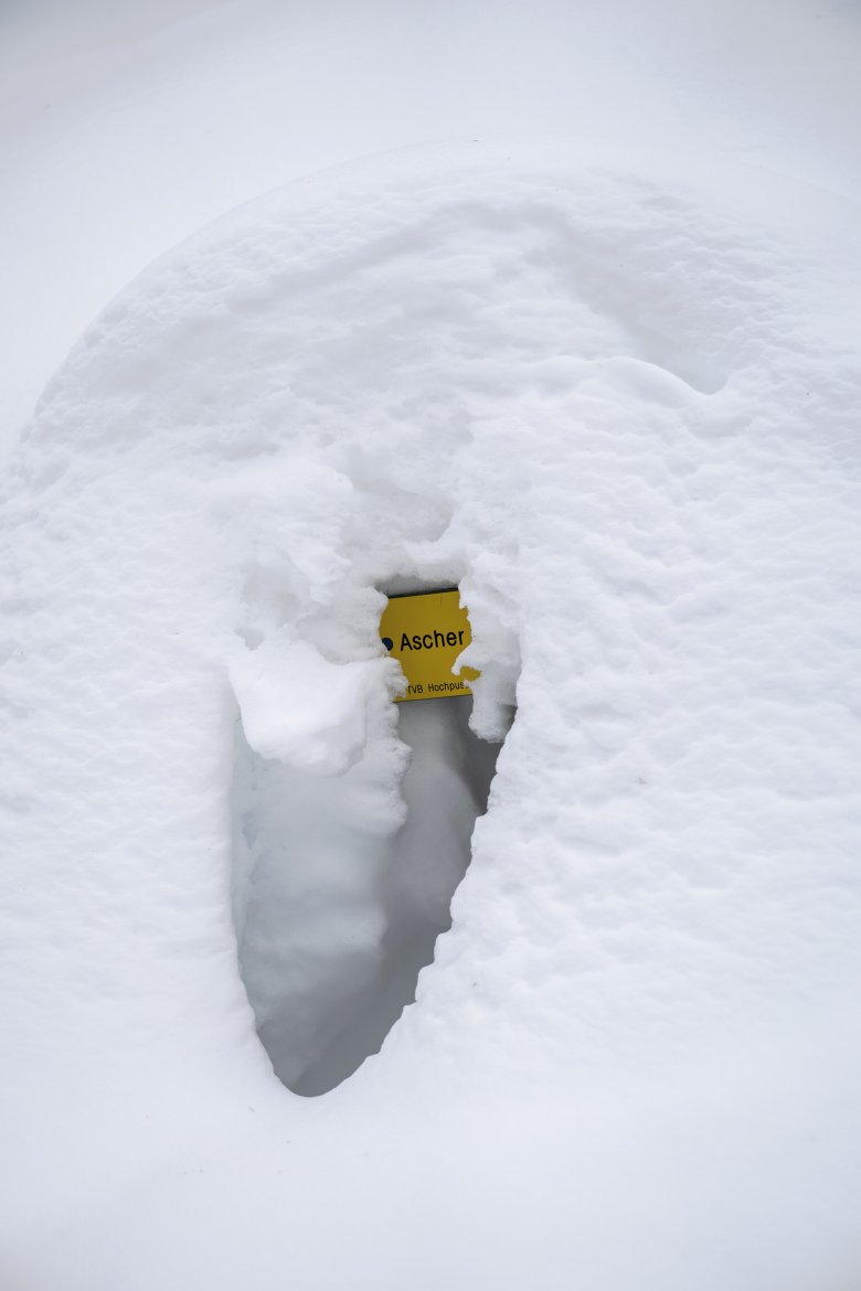 Signposts and markings which point the way in summer disappear under a thick layer of snow in winter.
